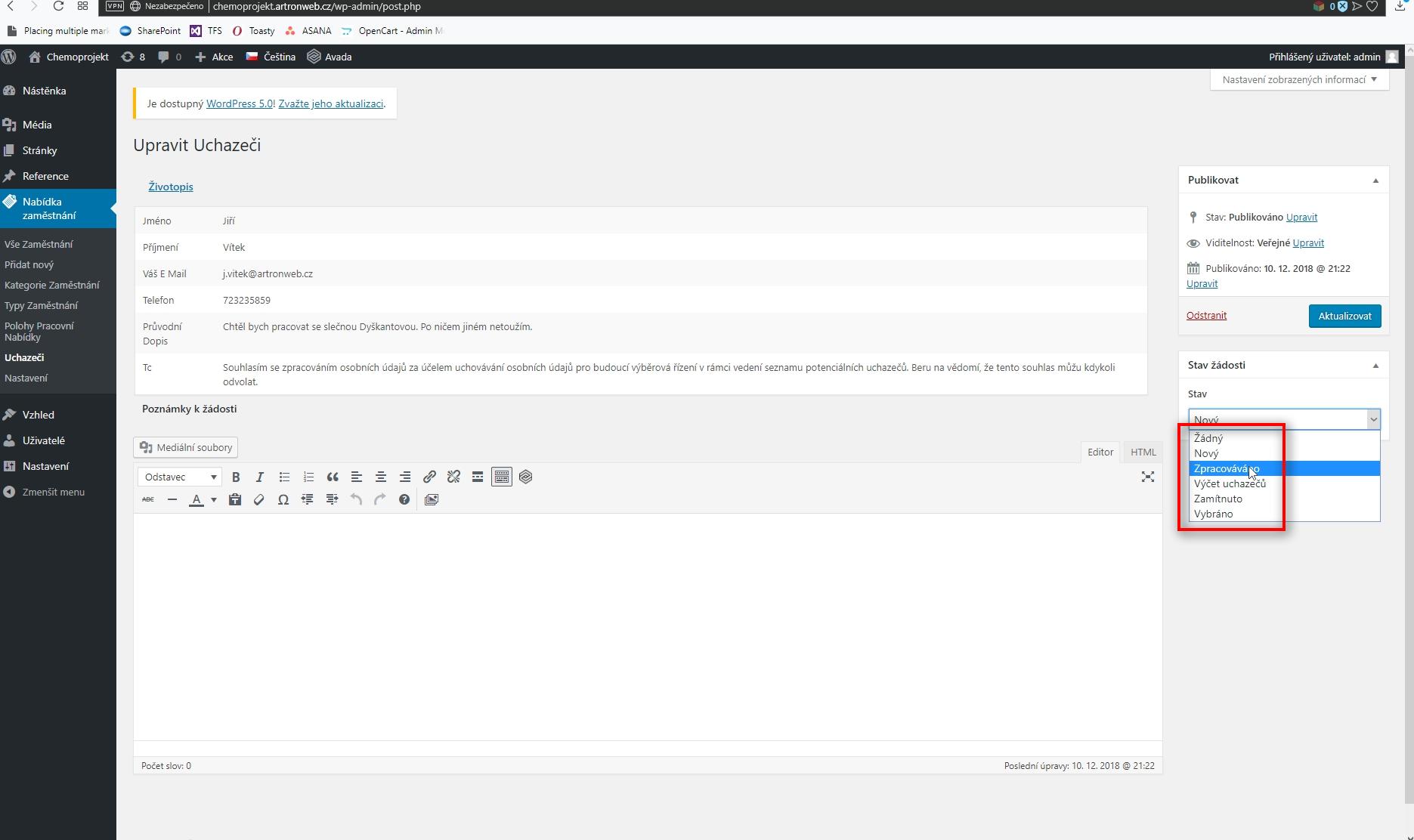 Detail poptávky
 Osoba, která zpracovává tyto poptávky, může změnit stav žádosti. Tímto způsobem může mít přehled o tom, v jakém stavu je jaká poptávka a co je třeba ještě udělat (stejný princip se používá u eshopů při zpracovávání objednávek).